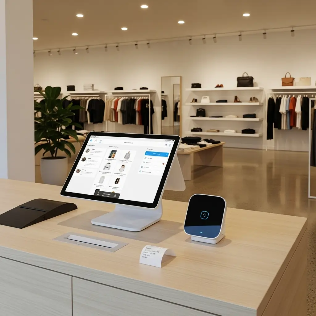 A modern Point-of-Sale system with integrated inventory management in a stylish retail store.